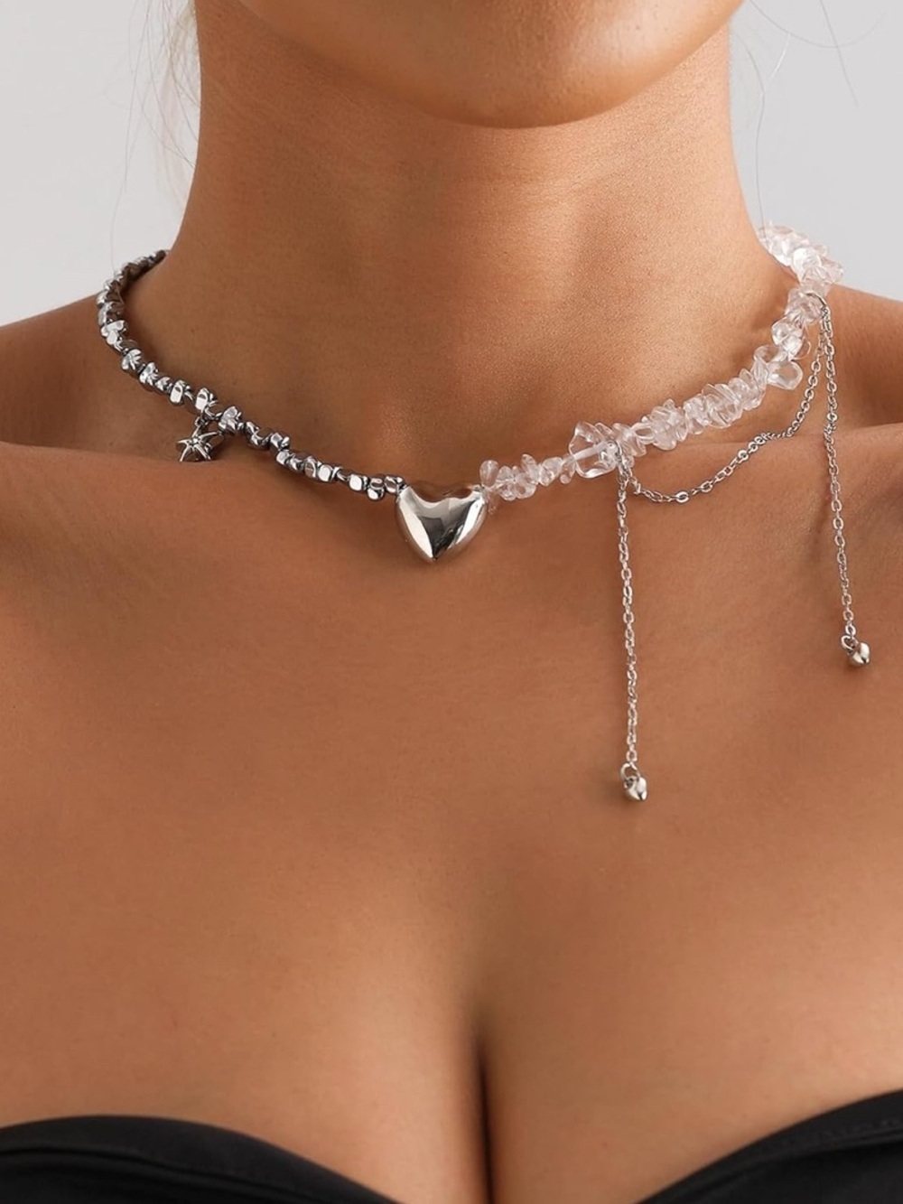 Silver Heart & Clear Crystal Double Strand Choker Necklace